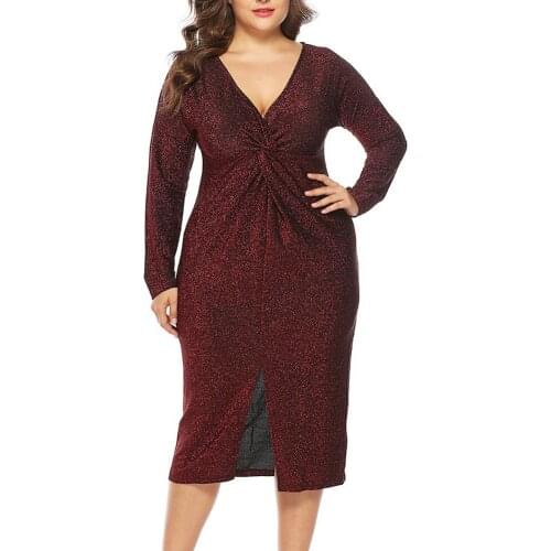 Plus Size XL-5XL Women Solid Color Long Sleeve V Neck Chest Knot Front Slit Midi Dress vestidos de fiesta de noche