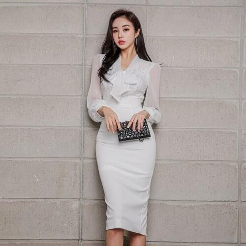 Long Sleeve Mesh Patchwork Midi Bodycon Dress Autumn 2019 Elegant White Pencil Dress Women Office Work Ladies Dress Vestidos