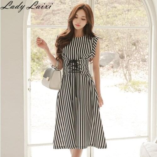 2020 Summer High Quality Sexy Korean OL Stripe New Arrival Collect Waist Round Collar Woman Slim Chiffon Dress Vestidos