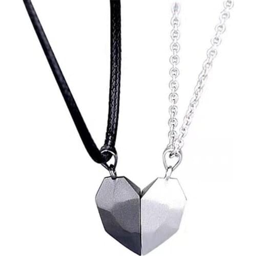 2pcs/set Magnetic Clasps Couple Necklace Stainless Steel Lovers Heart Pendant Necklace For Women Men Valentines Day present