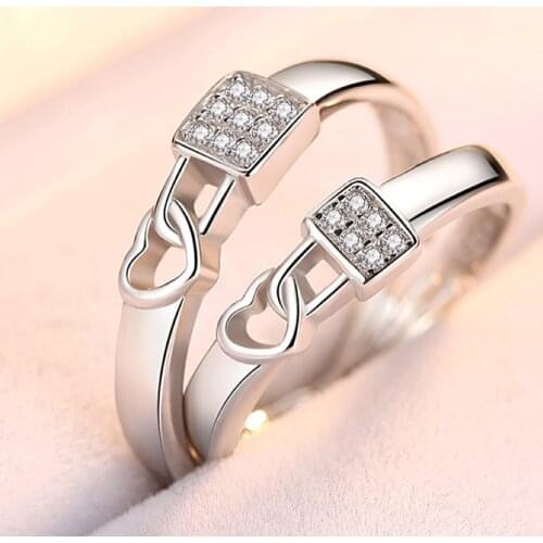 2Pcs/Pair Resizeable Crystal Love Lock Couple Wedding Engagement Ring Adjustable Finger Jewelry Valentine Day Gift Wholesale