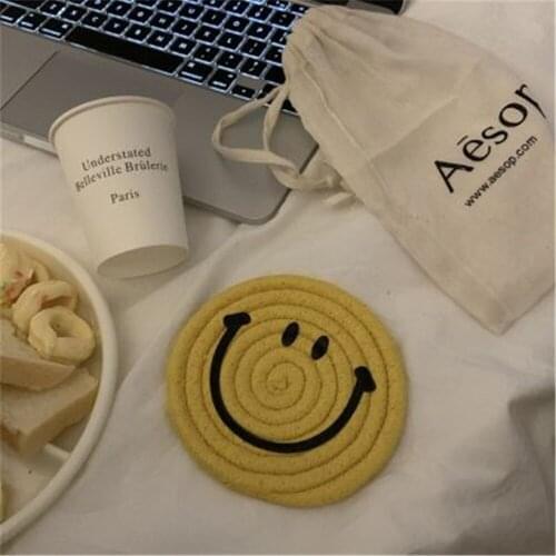4 / pcsins smiley face hand woven cotton meal mat cute expression thick heat insulation bowl mat high temperature resistant