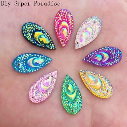 Hot 60pcs 10mm*20mm AB Drop Resin Peacock Eye Flatback Rhinestone Wedding Diy Buttons 2 Hole K83*3