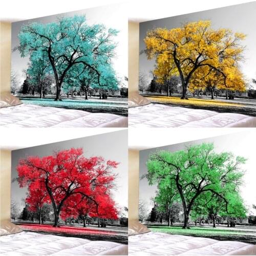 Large Tree Teal Turquoise Tapestry Yellow RedLeaves Black White Art Kitchen Bar Room Wall Home Landscape Sofa Decor Cloth