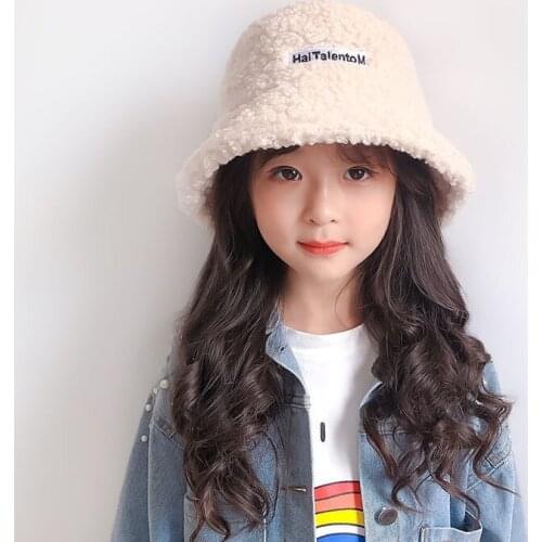 Childrens Winter Girl Baby Boy Bucket Hat Cute Lamb Fur Childrens Fisherman Hat Solid Flat Hat Children Outdoor Warm Sun Hat