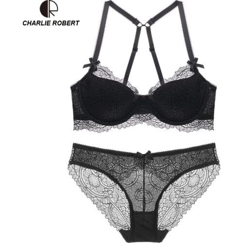 CR Cross Strap Intimates Women Sexy Lingerie Lace Y-line Straps Front Closure Bra Hollow Out Panties Bra set Underwear