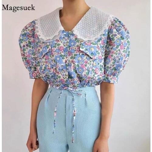 Korean Style Puff Short Sleeve Loose Shirt Summer Doll Collar 2021 Fashion Sweet Shirt Bow Tie Floral Print Women Blouse 14324