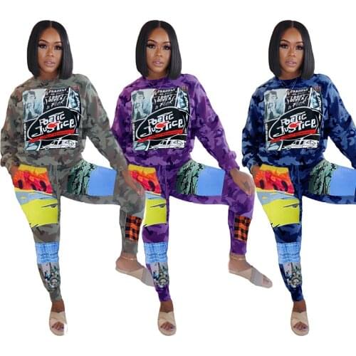 Echoine Women Print Camouflage Patchwork Sporty Two Piece Set Active Tracksuit Fall Sexy Casual Fitness Workout Matching Outfits