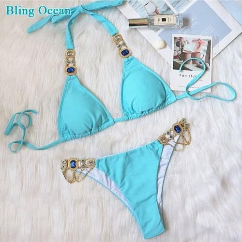 Crystal and diamond bandage solid color split sexy swimsuit and beach bikini