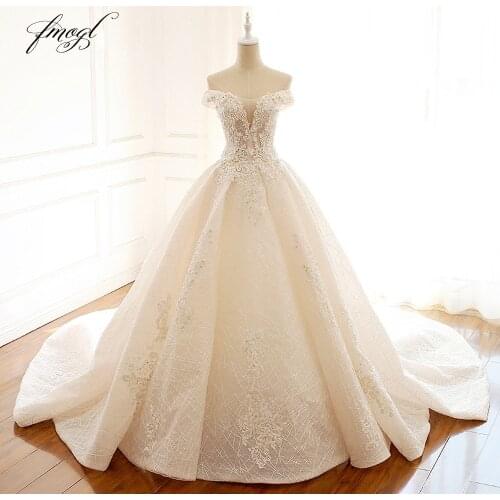 Fmogl Boat Neck Lace Vintage Ball Gown Wedding Dresses 2021 Appliques Beaded Pearls Bride dress Vestido De Noiva Plus Size