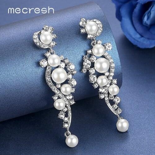 Mecresh Luxury Simulated Pearl Long Drop Earrings for Women Silver Color Plant Crystal Pendants Earrings Wedding Jewelry MEH777