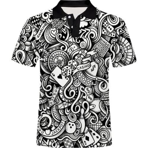 UJWI Business Mens Polo Shirt Black White Poker Pattern Stand Collar Short Sleeve Top Funny Oversize Tee Trend Fashion Dropship