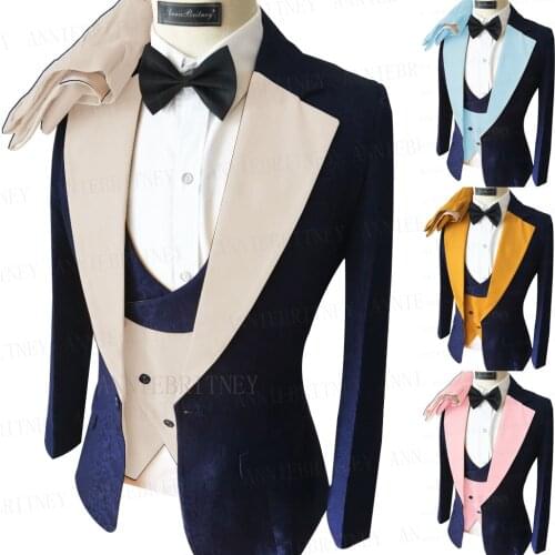 2021 Navy Blue Jacquard Suit Men 3 Pieces Tailored Slim Fit Groom Marriage Wedding Prom Dress Tuxedo Blazer Vest with Trousers