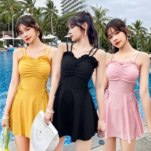 2021 New Korean Sexy Camisole Fold Women Solid Swimsuit Push Up Swimwear Bikini Bathing Wear Beach Swimming Skirt
