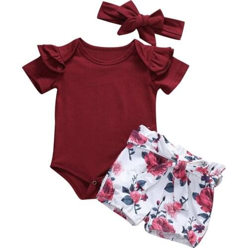 Baby Girls Clothes Romper Tops playsuit Flower Print Shorts 3-piece Outfit Set