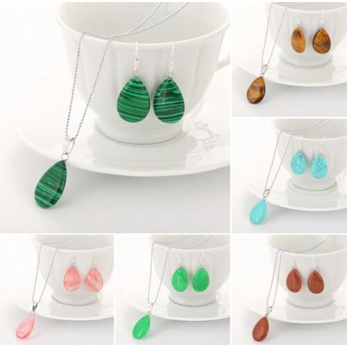 Water Drop Shaped Pendant Necklace Drop Dangle Earrings Fashion Jewelry Set for Women Girls Party Gift Natural Stone Accessories