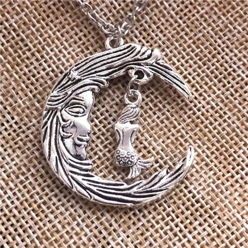 Gothic Crescent Moon Necklace Wizard Magic Pagan Mermaid Pendants Antique Silver Color Chain Choker Necklace Fashion Jewelry