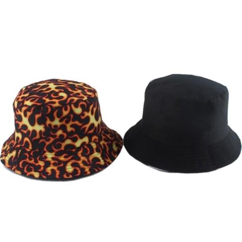 Fire Pattern Reversible Bucket Hat Women Foldable Hip Hop Cap Gorros Men Summer Sun Hat Panama Fishing Bucket Cap