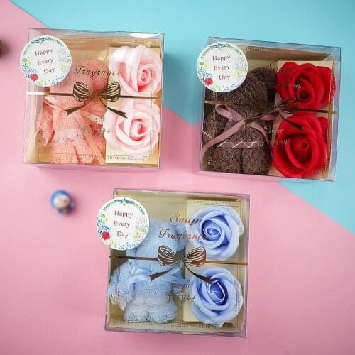 Coral Fleece Bear Towel Soap Flower With Transparent Gift Box Business Holiday Christmas Wedding Gifts Bathroom Towels Set