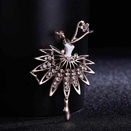 Rinhoo Fashion Gold Color Rhinestone Dress Dancing Show Beauty Lady Girl Brooches Lapel Pins Fashion Party Wedding Jewelry Gift