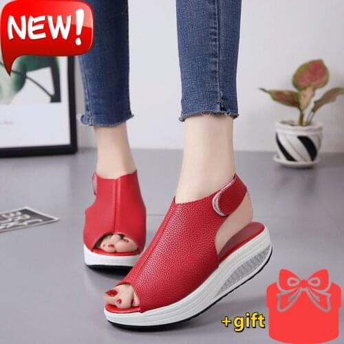 Oeep Toe Thick-Soled Platform Sandals 2021 Womens Summer Comfortable Casual Roman Shoes Velcro Light Rubber Sole Wedge Red