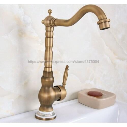 Deck Mounted Single Handle Hole Bathroom Sink Mixer Faucet Antique Brass Hot and Cold Water Mixer Tap Nnf611