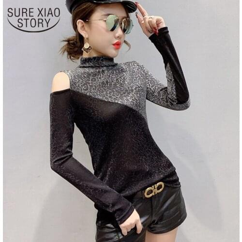 Leopard Stitching Long-sleeve Tops shirt Casual Fashion Womens shirt Half - turtleneck Pullover Ladies' Collage Tops 7293 50