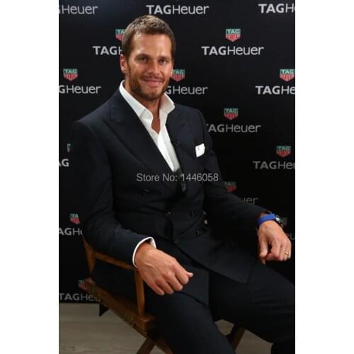 High Quality 2017 Elegant Business Men Suits Formal Blazer Dark Navy Blue Double Breasted Wedding Suit For Men(Jacket+Pants+Tie)