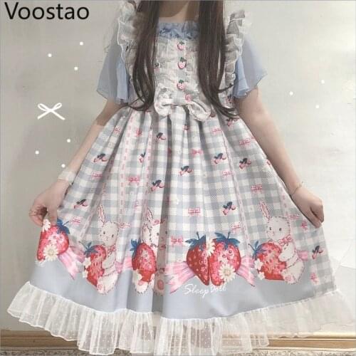 Japanese Sweet Lolita Jsk Dress Women Cute Rabbit Strawberry Print Plaid Party Dresses Girls Victorian Vintage Sleeveless Dress