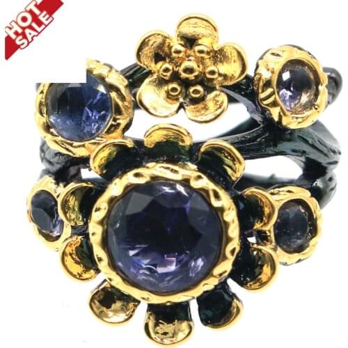 24x24mm Unique Bohemia Design 11g Created Iolite Blue Aquamarine Cool Black Metal For Women Silver Rings Neo-Gothic
