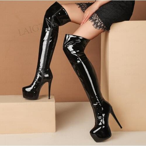 LAIGZEM SUPER Women Over Knee High Boots Stretchy Platform Stiletto Heels Zip Up Frauen Stiefel Shoes Woman Big Size 33 40 42 45