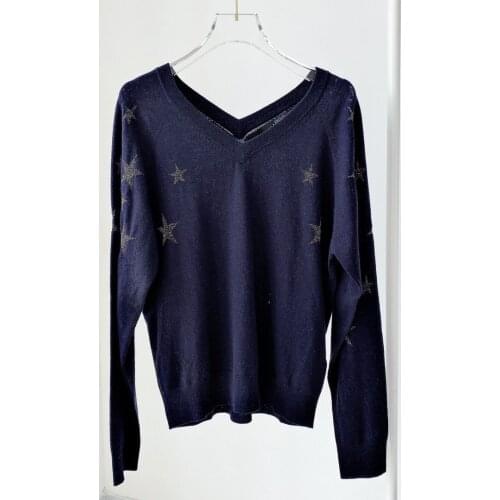 Woman navy Cashmere sweater Contrast Stars Embroidered V-neck Long Sleeves 2022 Autumn Winter Sweaters