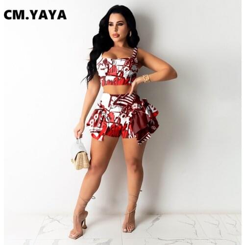 CM.YAYA Women Set Print Sleeveless Strap Squarter Collar Crop Tops Ruffles Skinny Shorts Two 2 Piece Set Tracksuit Summer Outfit