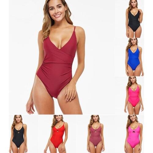 2020 Swimsuit Womens New Belly-covering Slim One-piece Bikini Solid Color V-neck Swimsuit