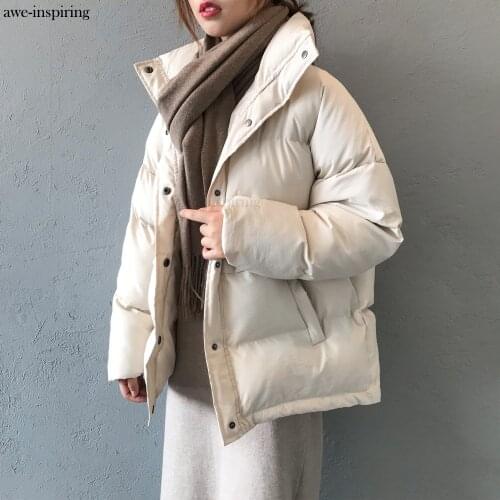 Womens Winter Down Jacket Stand Collar Short Single-Breasted Coat Preppy Style Parka Ladies Chic Outwear Female Fashion Solid