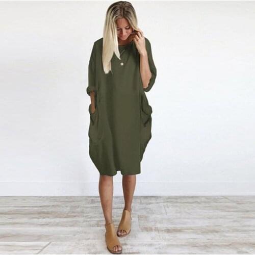 Women Baggy Dress High Quality Casual Solid Color O Neck Long Sleeve Pockets Knee-length Baggy Dress Streetwear женское платье