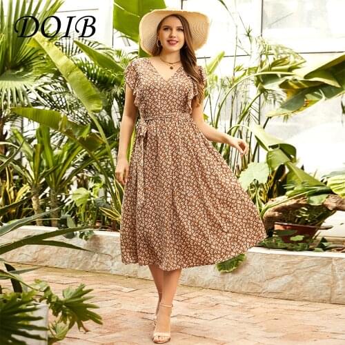 DOIB Women Plus Size Dress Ruffled Print V Neck Oversize Desses Large Size Female Dress 2021 Summer Sashes Sleeveless Dress