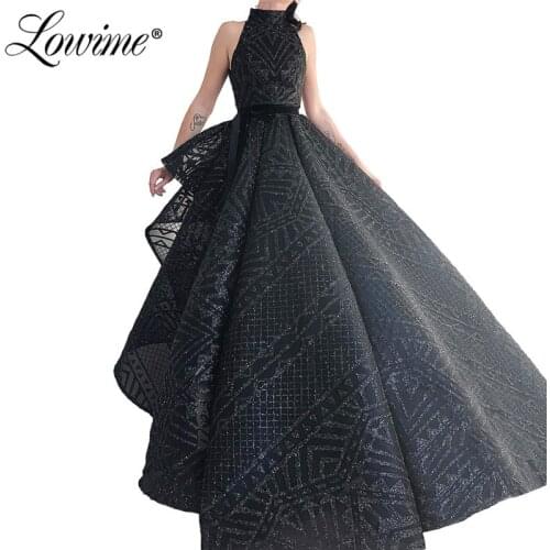 Newest Black Prom Dresses Robe De Soiree Turkish Party Dress High Neck Evening Gown 2019 Saudi Arabic Islamic Glitter Women Gown