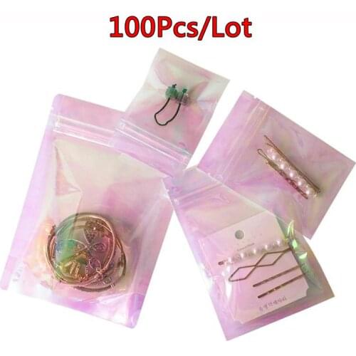 100Pcs/Lot Transparent Pink Stand Up Holographic Ziplock Bag Flat Pouches Small Laser Plastic Storage Bags For Cosmetic Jewelry