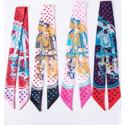2021 New Heart-Shaped Satin Print Scarf Ladies Small Silk Scarf Bag Scarf Narrow Ribbon Fashion Hair Band Scarves And Wraps C5
