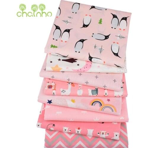Chainho,Print Twill Cotton Fabric,Patchwork Cloth,DIY Sewing & Quilting Material Of Baby & Child,8pcs,Pink Penguin & Bear Series
