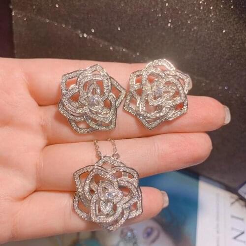 Elegant Hollowing Rose Pendant Bridal Jewelry Sets Dubai Cubic Zircon CZ Wedding Necklace Earrings Sets For Women D0874