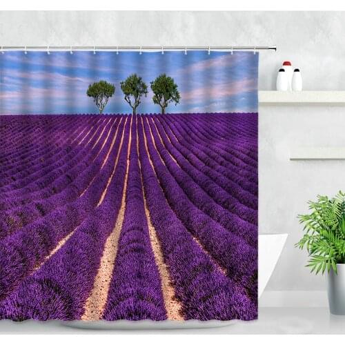 Purple Floral Shower Curtains Sets Lavender Manor Flower Sea Natural Scenery Modern Home Decor Waterproof Cloth Bathroom Curtain