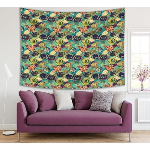Tapestry Classic Rose Flower Pattern Leaves Foliage Blue Sky Sunny Day flourish Artwork Green Navy Beige Purple