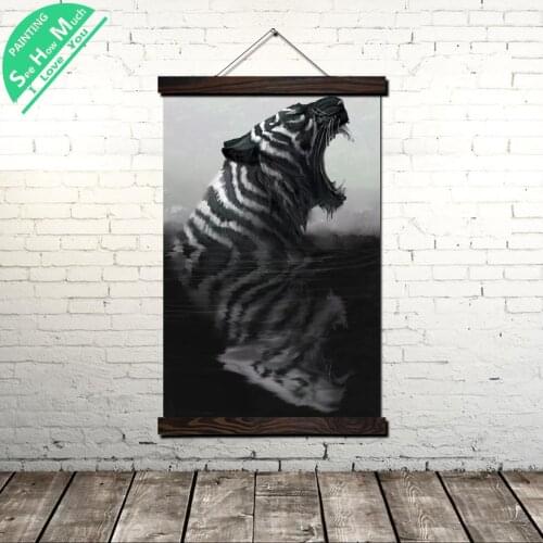 Poster Black and White Tiger Reflection Vintage Poster Scroll Painting Frame Canvas Modern Art Wall Pictures Posters and Prints