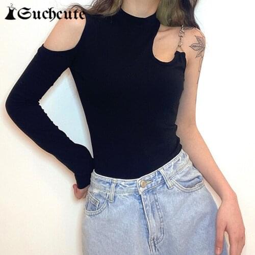 SUCHCUTE Gothic Solid Black Bodycon Bodysuits For Women Sexy Cut Out Skinny Autumn One Shoulder Chain Rompers Sheer Bodysuit
