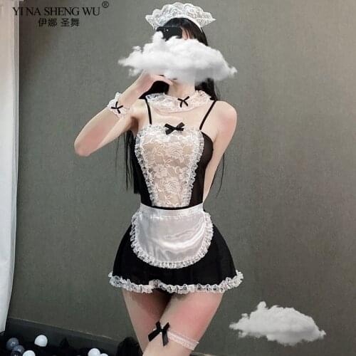 Sexy Costumes Women Cosplay Maid Uniform Lenceria Sexy Linge Sets Lace Perspective Babydoll Dress Erotic Lingerie Maid Costumes