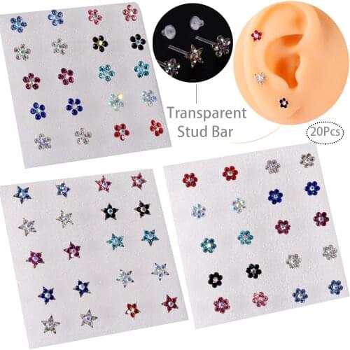 20pcs Acrylic Flower Zircon Stud Earrings Ear Piercing Push Back Ear Cartilage Tragus Daith Piercing Jewelry for Women Men 20G
