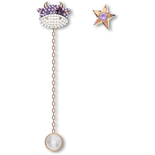 Brand 1:1 original new diamond star asymmetrical zodiac year of the ox rose gold earrings, exquisite and elegant ladies jewelry