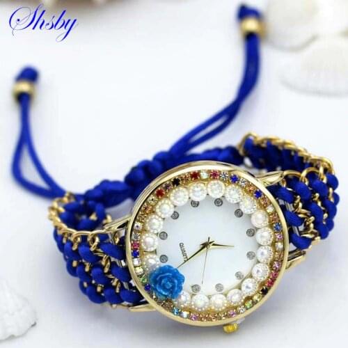Shsby new Ladies flower hand-knitted wristwatch rose women dress watch Color sparkling rhinestone fabric clock sweet girl watch